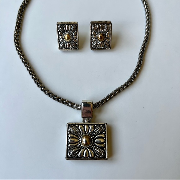 Premier Jewelry Necklace and Earrings Set Square Silver Gold Flower - Picture 2 of 7